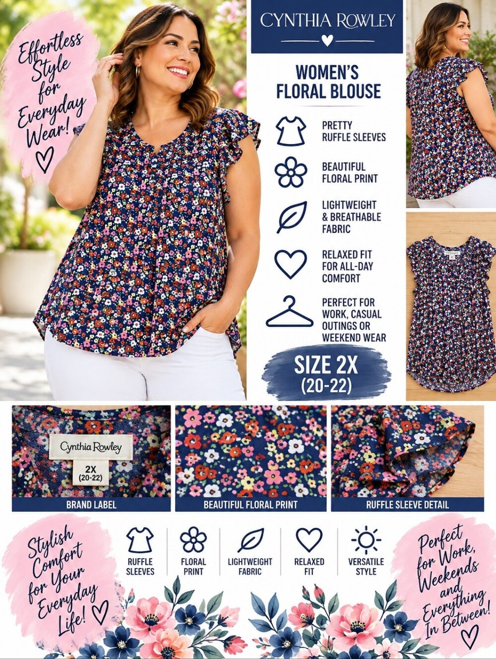 Cynthia Rowley Women's 2X blue floral ruffle sleeve blouse #35